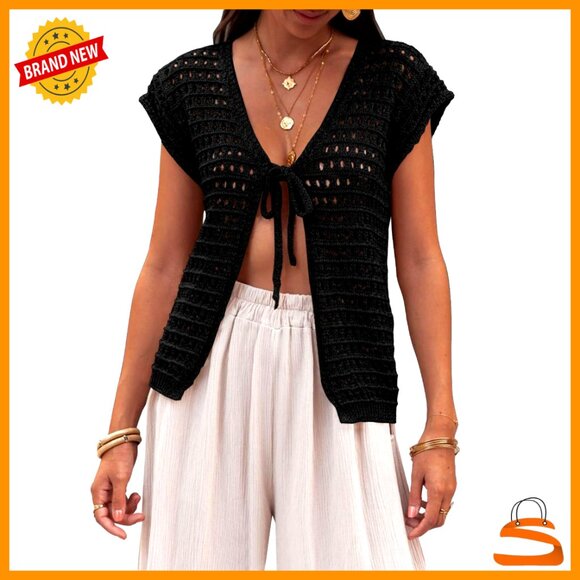 Small Tie Front Crochet Shrug Short Sleeve Lightweight Cropped Cardigan
